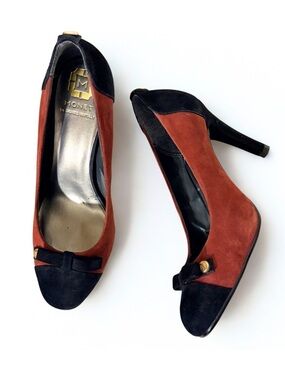 Monet Black & Red Italian Leather Suede High Heels Bow Toe 7.5
